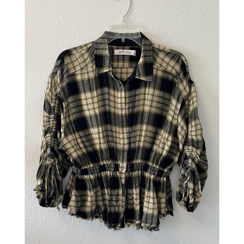 Free People Shirt Women's Sm Green Black Plaid Pacific Dawn Raw Hem Grunge